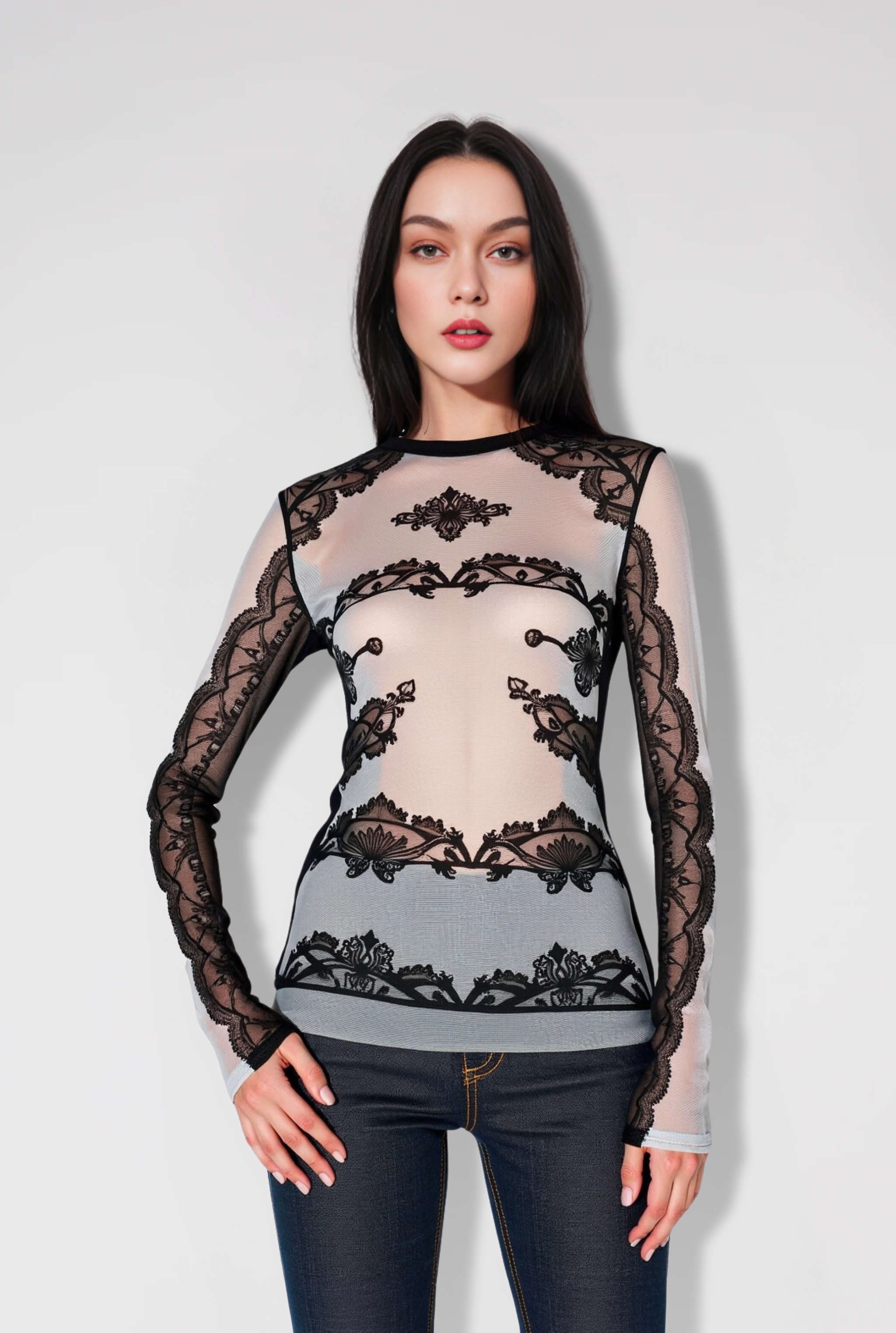 Clara Lace Panel Long Sleeve Top - Black/White